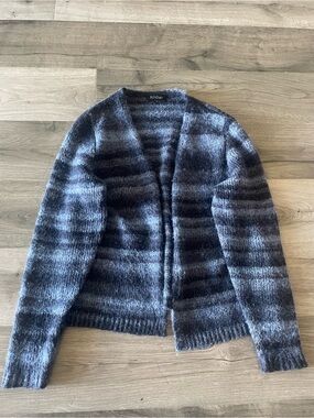 Sunday Striped Open-Front Knit Cardigan in Charcoal & Steel Blue